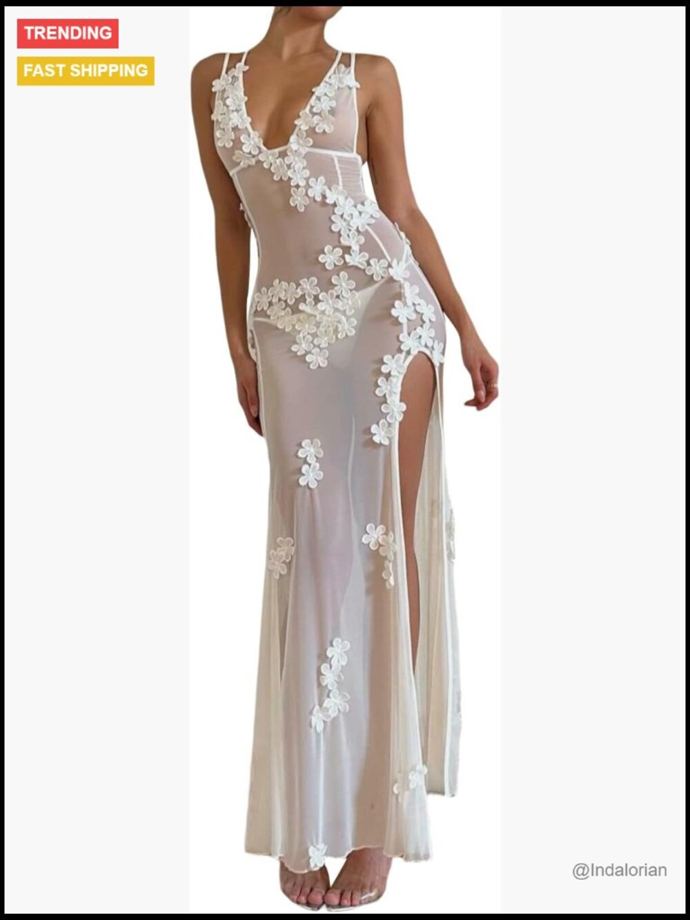 Sheer Mesh Lace Maxi Dress with Floral Patchwork, Sleeveless Cover Up